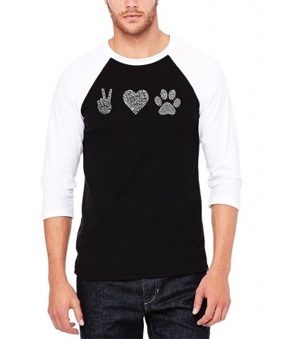 Men's Raglan Baseball 3/4 Sleeve Peace Love Dogs Word Art T-shirt Black, White $22.05 T-Shirts