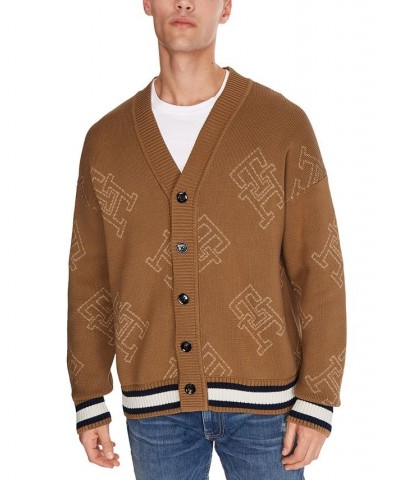 Men's Allover Monogram Cardigan Sweater Brown $38.74 Sweaters
